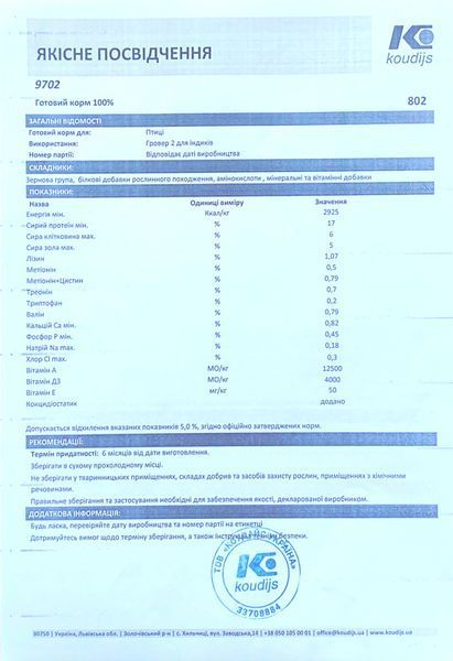 Гровер для індиків від 36 до 85 дня 100% (25 кг) 9702 фото